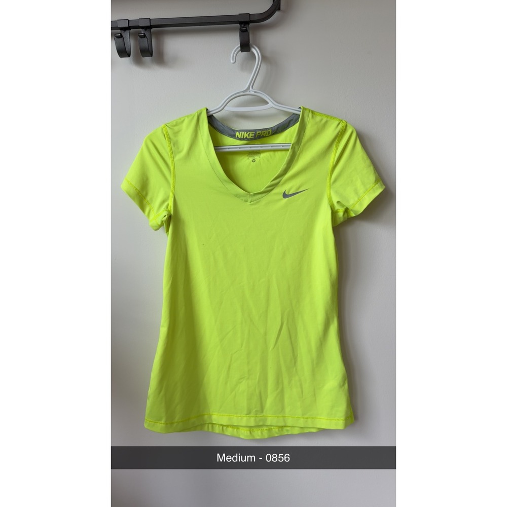 Nike Pro Womens V Neck Short Sleeve Training Shirt Neon Yellow Volt Medium 0856
